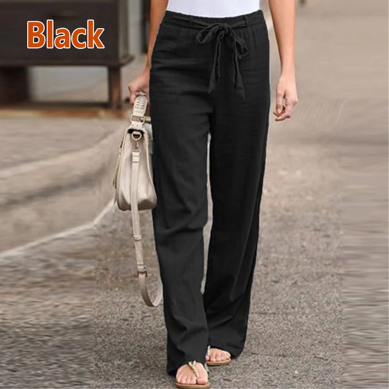 Summer Cotton Linen Women\'s Pants Wide Leg Trousers Fashion Solid Color Elastic Waist Straight Pants Casual Trousers Streetwear