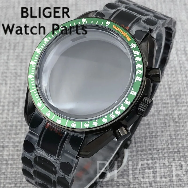 BLIGER 40 مللي متر أسود PVD VK63 ساعة حافظة أسود أزرق أحمر أخضر فضي إدراج مرآة أكريليك صالح VK63 حركة الجمعية إصلاح أجزاء