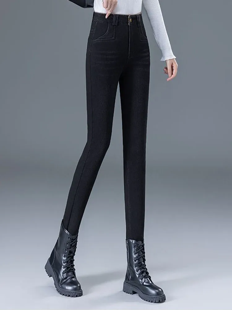 겨울용 따뜻한 스키니 펜슬 진 한국 패션 하이웨이스트 플리스 안감 데님 팬츠 여성 캐주얼 빈티지 스트레치 솔리드 바케로스