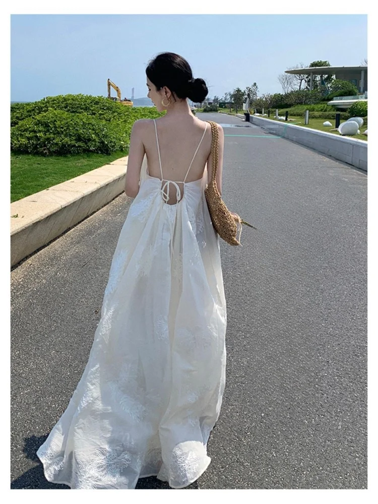 White Seaside Holiday Beach Dress Loose Long Embroidery Wide Hem Flowy Strap for Women Season