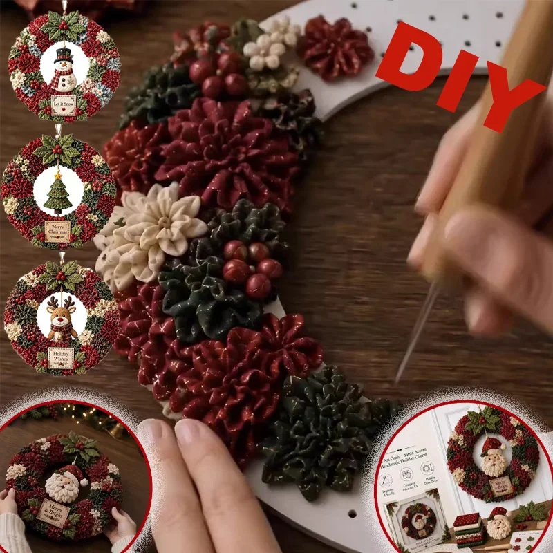 DIY 3D Fabric Poke Art Christmas Wreath Kit Handmade Santa Claus Punch Needle Craft Set Holiday Door Wall Hanging Decor Gift