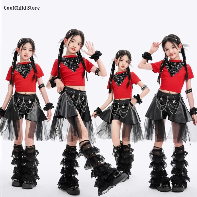 Hip Hop Girls Sequin Crop T-shirt Dance Ribbon Skirts Kids K-pop Shiny Jazz Clothes Sets Children Girl Group Streetwear Costumes