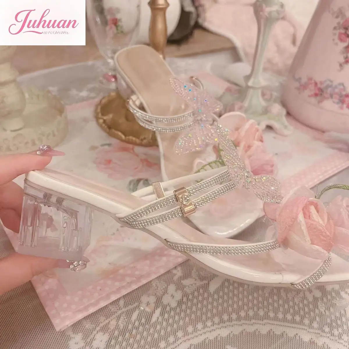 Original Fairy Design Flower Butterfly Rhinestone Cool Slippers Ladies 2025 Summer New Versatile Casual Fashion High Heel Women