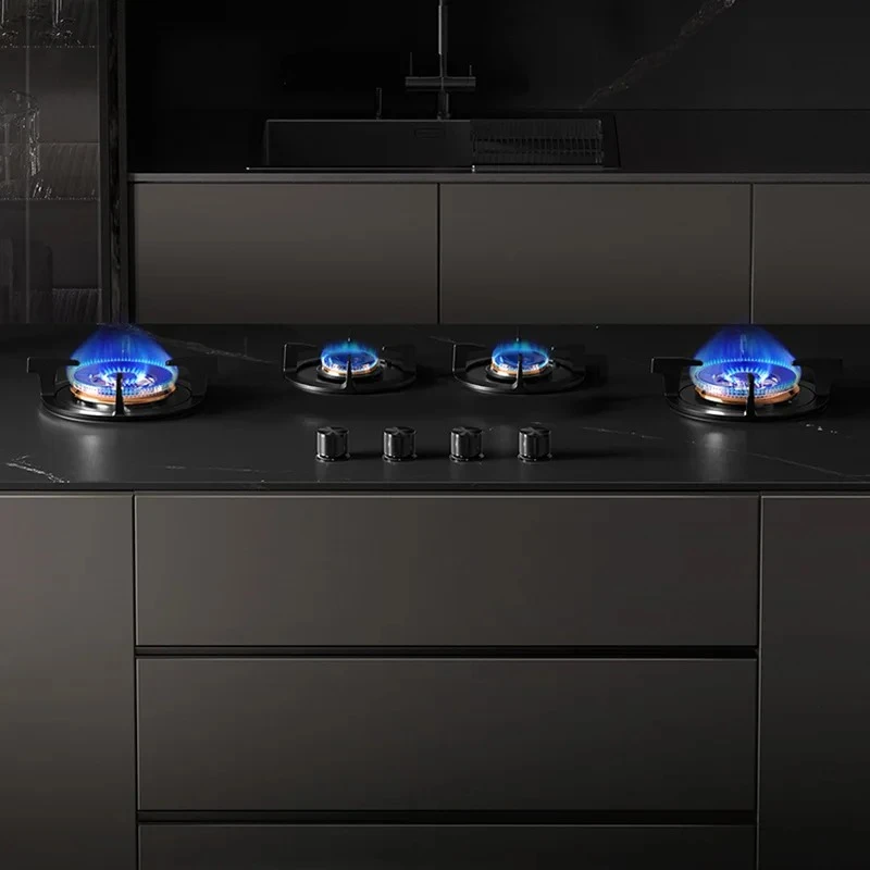 Concealed built-in 4-burner gas stove, home kitchen stove, seamless countertop installation, residential gas stove