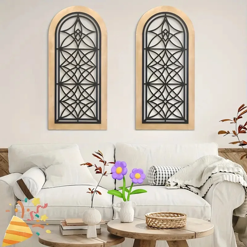 2 قطعة جدار الفن الخشبي خمر مزرعة قوس جدار المنحوتات ، لوحات شبه دائرية ذاتية اللصق لغرفة المعيشة وديكور المكتب