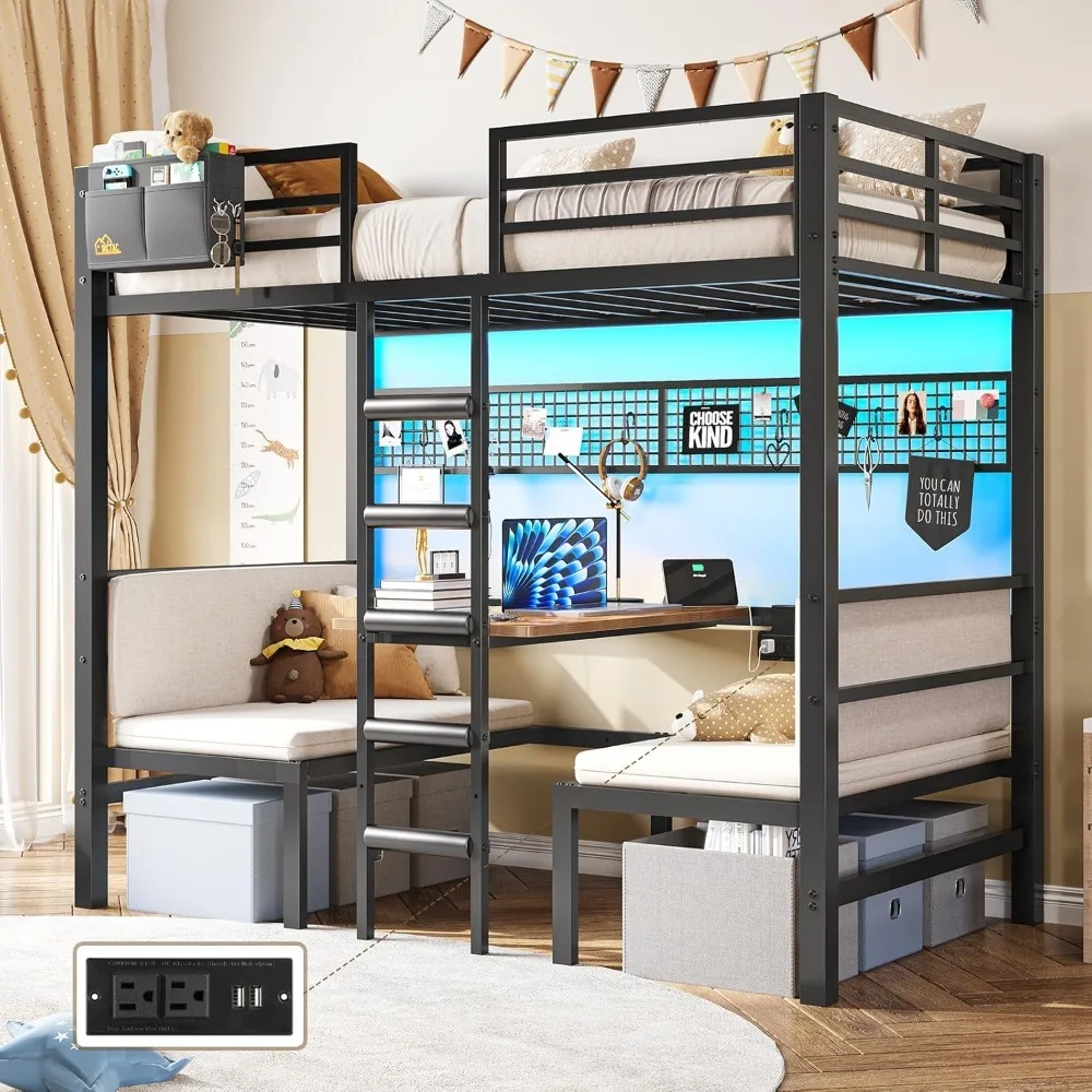 Twin Over Twin Bunk Bed with Led Lights and Charging Station Convertible Loft Bed Twin Size with Desk and Seat Metal Bunk Bed