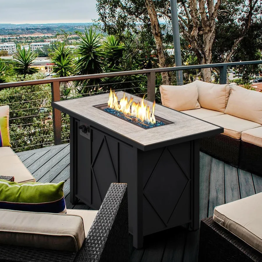 

43inch Rectangular Propane Fire Pit Table with 50 000 BTU Output Ceramic Top and Durable Steel Base Includes Glass Fire Stones