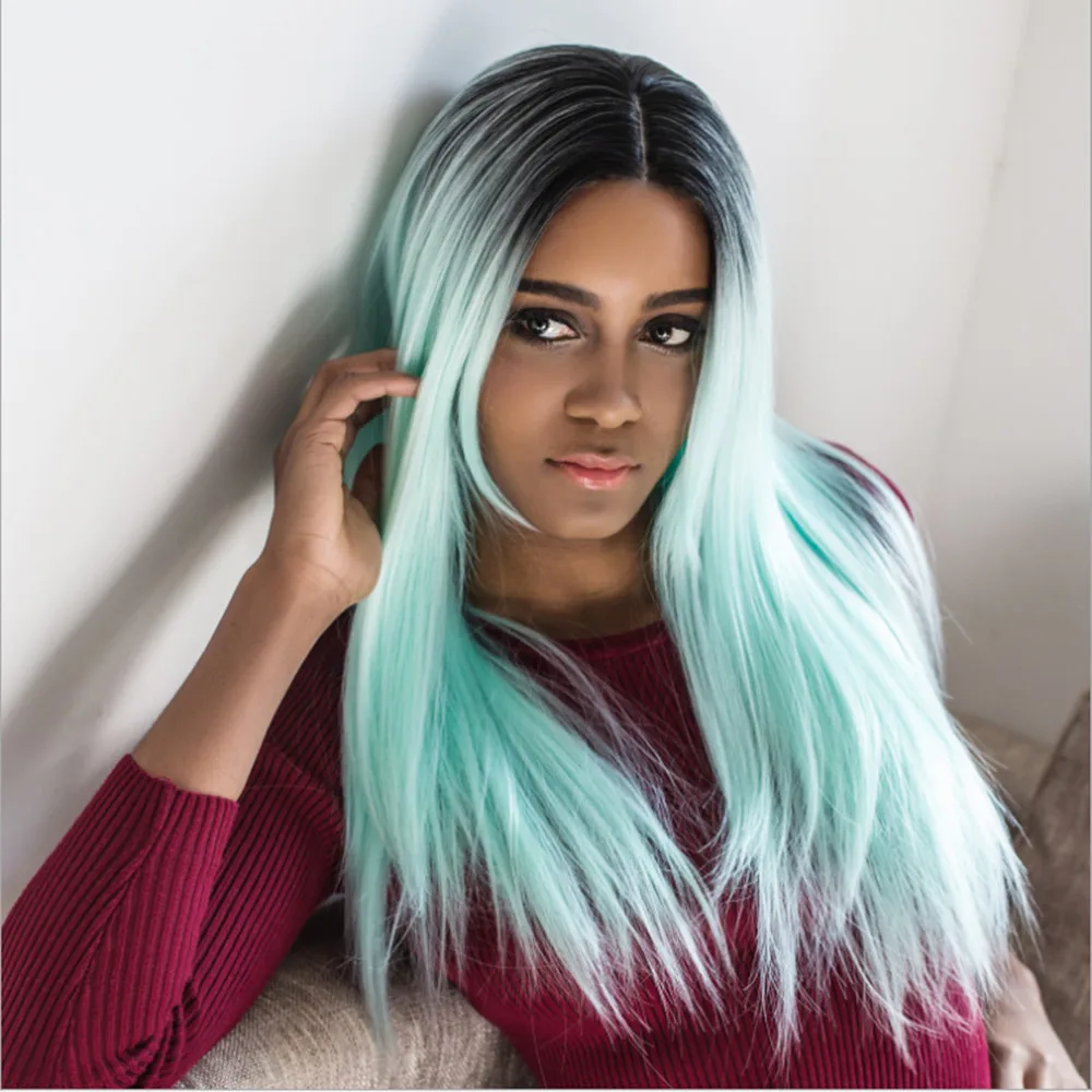 Synthetic Wigs Long Straight Bob Ombre Hair Heat Resistant Fiber Mint Green Black Roots Full  for Woman