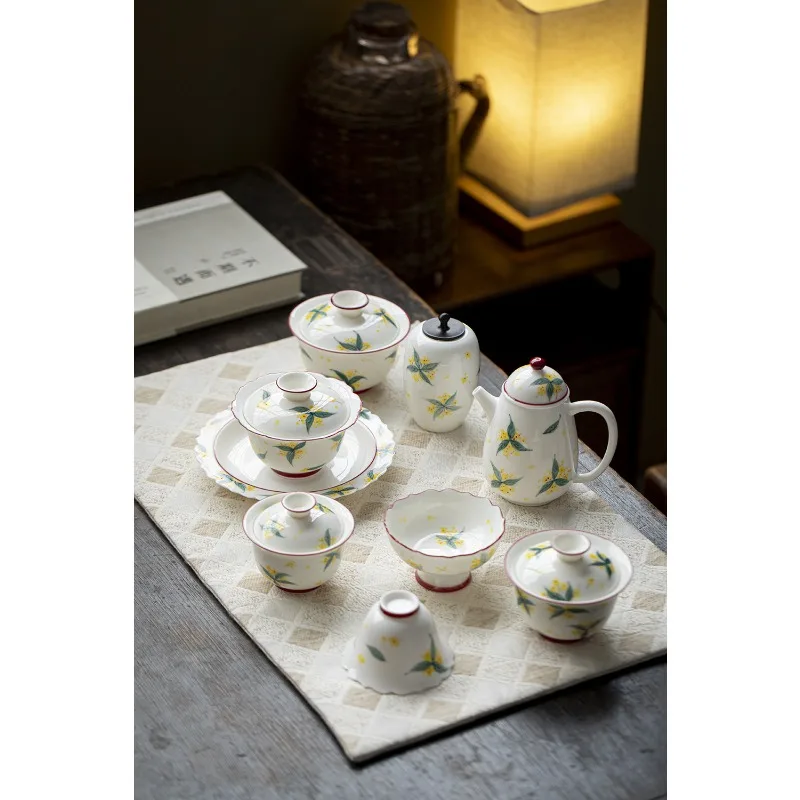 

Керамическая тонкая чайная чашка ручной работы с ручной росписью в форме османтуса для дегустации чая