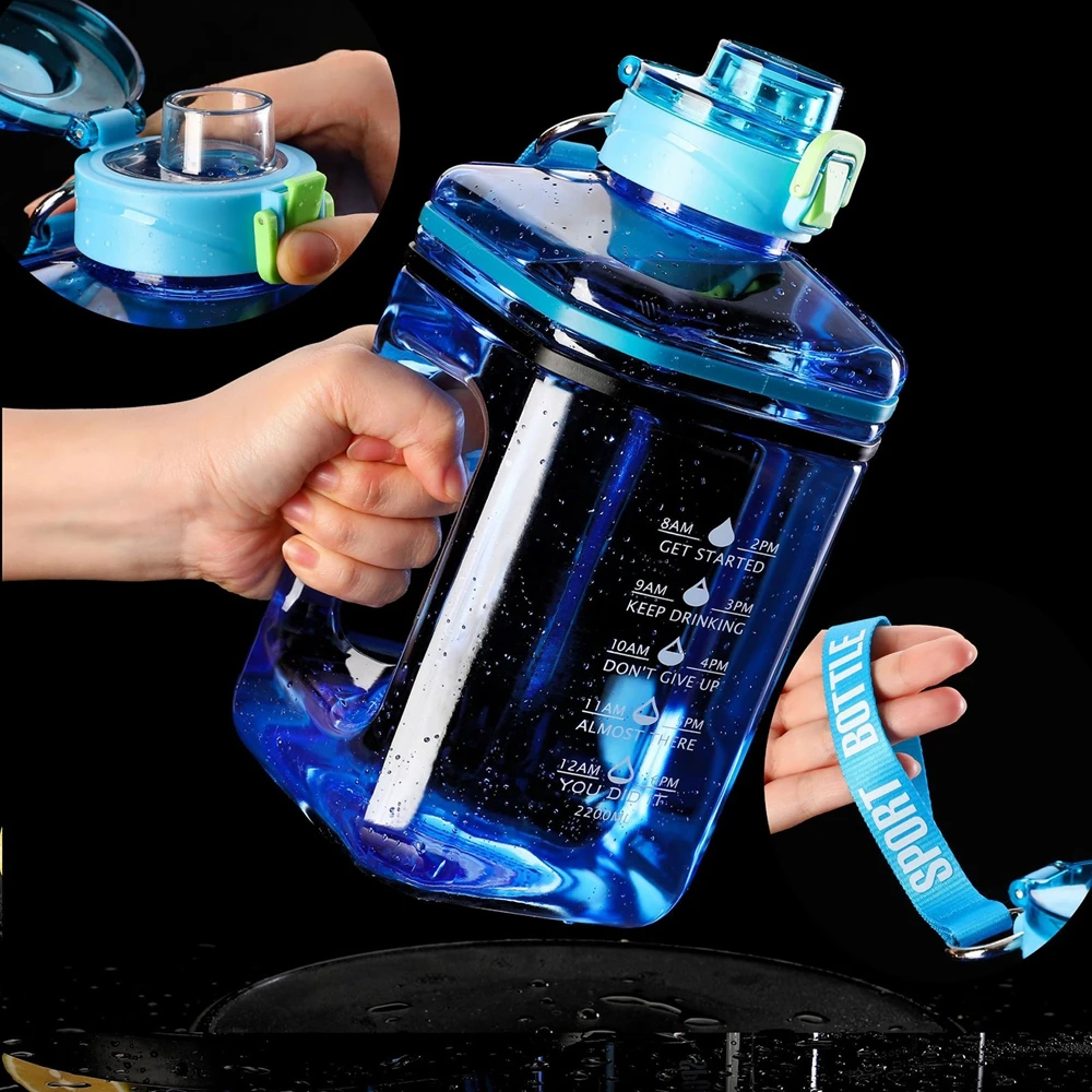 2.2L Sport Water Bottle Motivate Square Water Jugs Portable Transparent Fitness Cup Drinking Kettle With Straps Handles BPA Free