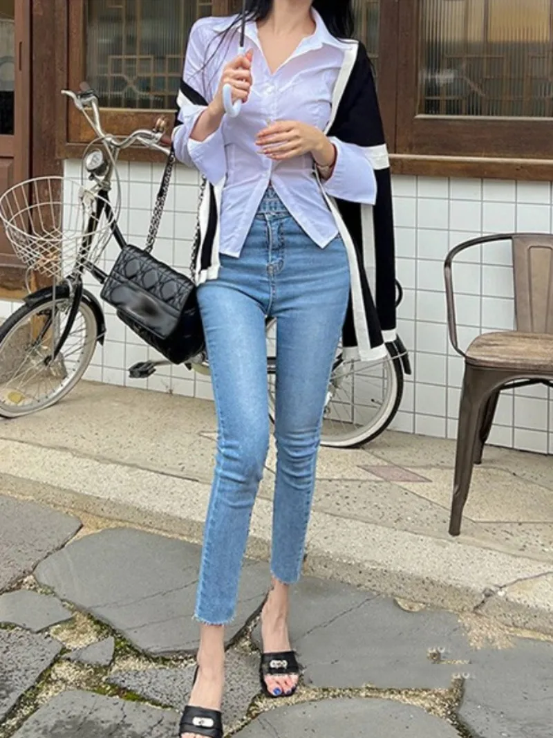 WOMENGAGA 2023 Sexy Office Lady Shirt V-neck Elegant Long-sleeve Lapel Slim Blouse Fashion Korean Women Tops  QIF8