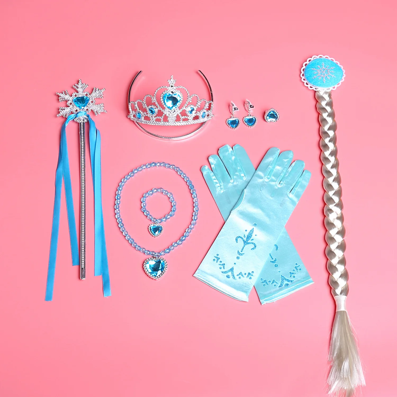 Girls Elsa Anna Accessories Set Kids Party Princess 4 Piece Set Snow Queen Snowflake Magic Wand Tiara Crown Gloves Wig Braid