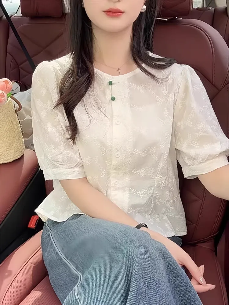 

Unique round Neck Embroidered Short Sleeve Shirt Women's Fashionable Slimming Top Summer New Style Chinese Style Small Shirt