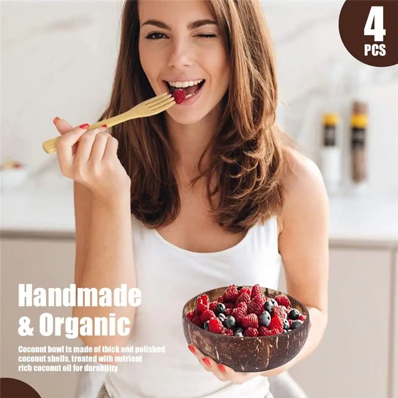 VEHO-1 Set Of Natural Coconut Shell Bowls With Spoon And Stand Suitable For Ice Cream, Desserts, Rice, Snacks, Nuts