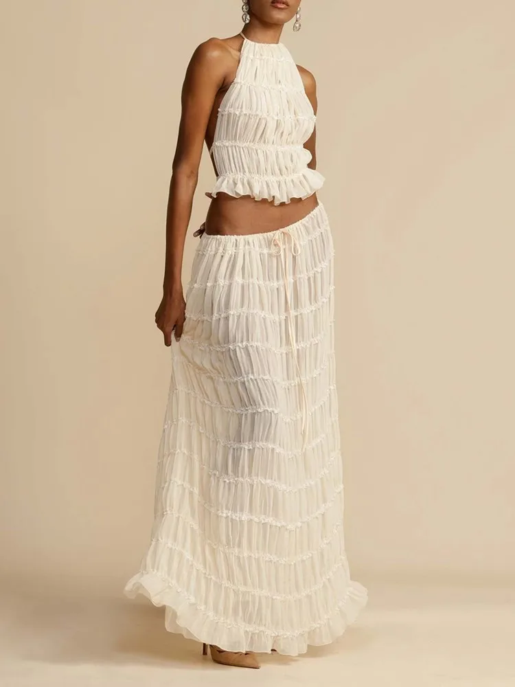 ECR Sexy Two Piece Sets For Women Round Neck Sleeveless Backless Tops High Waist Minimalist Skirt Casual Set Female Clothing New