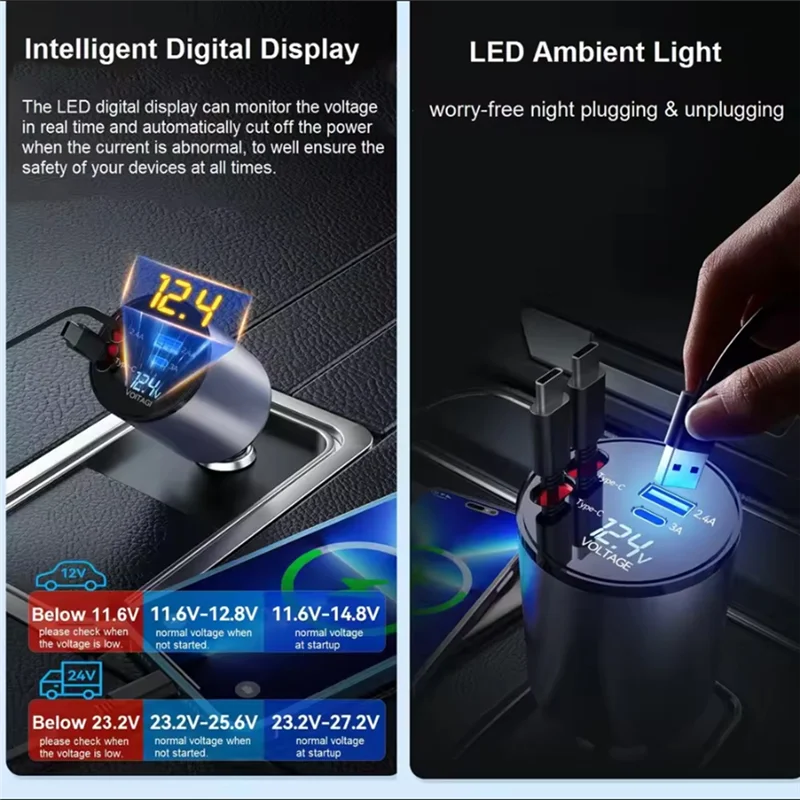 

Инновационное выдвижное автомобильное зарядное устройство, быстрое автомобильное зарядное устройство для телефона 4-в-1, двойной USB-адаптер прикуривателя типа C, 120 Вт, автомобильное зарядное устройство