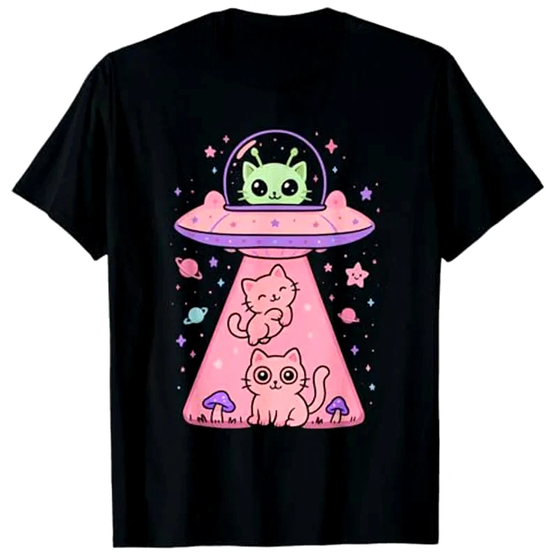 Cat UFO Cute Funny Kitty Kawaii Space Pink Spaceship Alien T-Shirt Humor Cartoon Kitten Y2k Graphic Outfit Novelty Gift Tee Tops