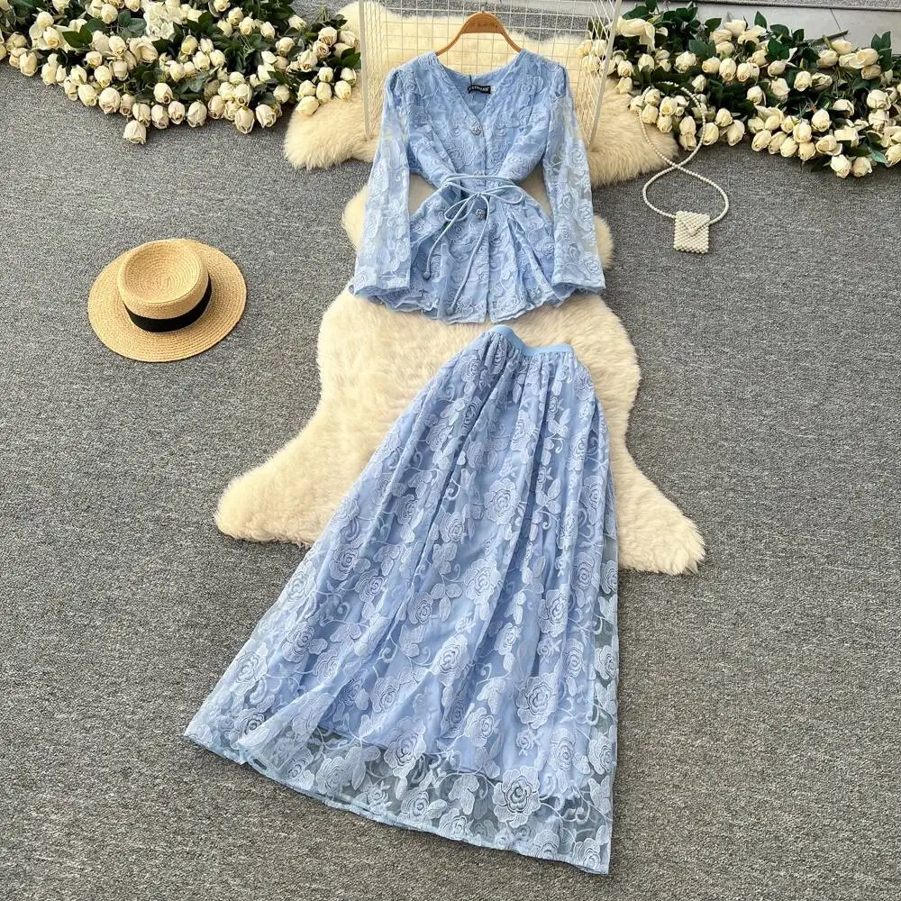 

Chic vintage Embroidered mesh Elegant Fairy korean fashion dress women clothing Two Piece Set