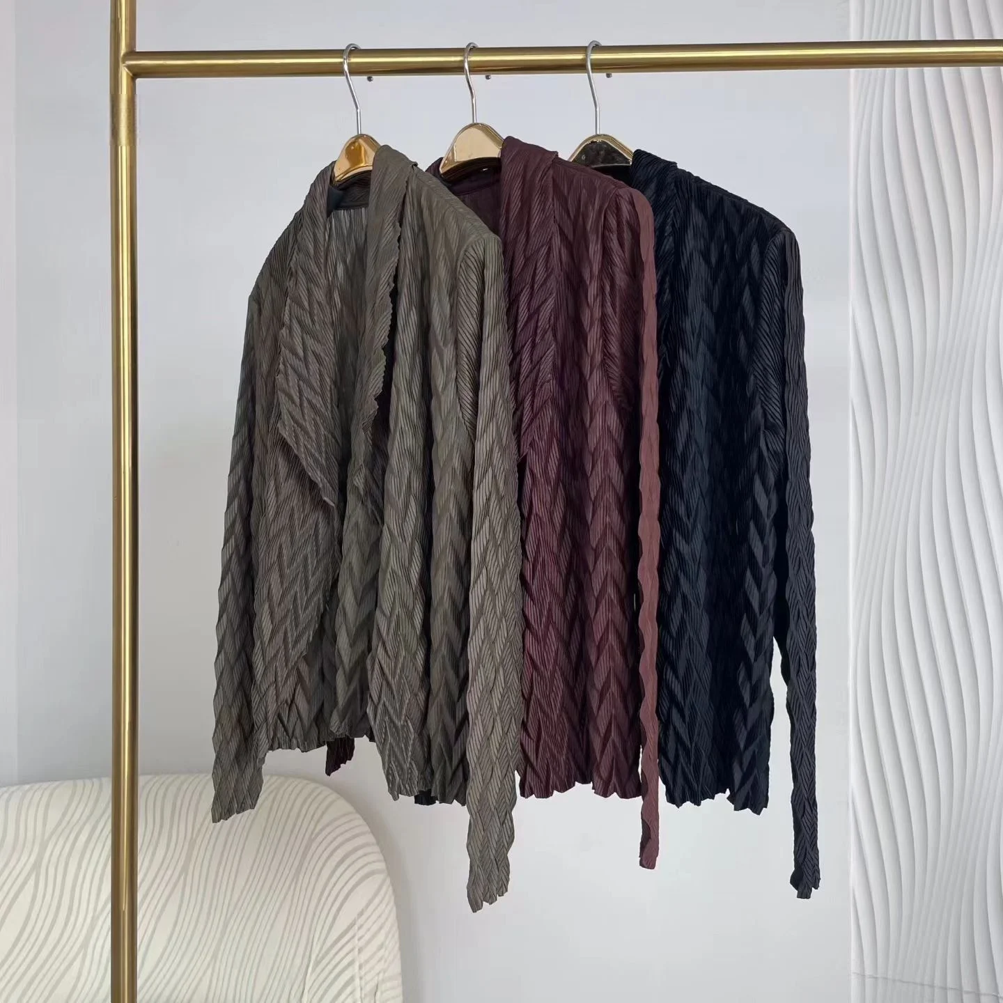 

New Folded Color Wave Pattern Slimming Loose Commute Open Cardigan Jacket Casual Style Polyester Fiber Short Coat