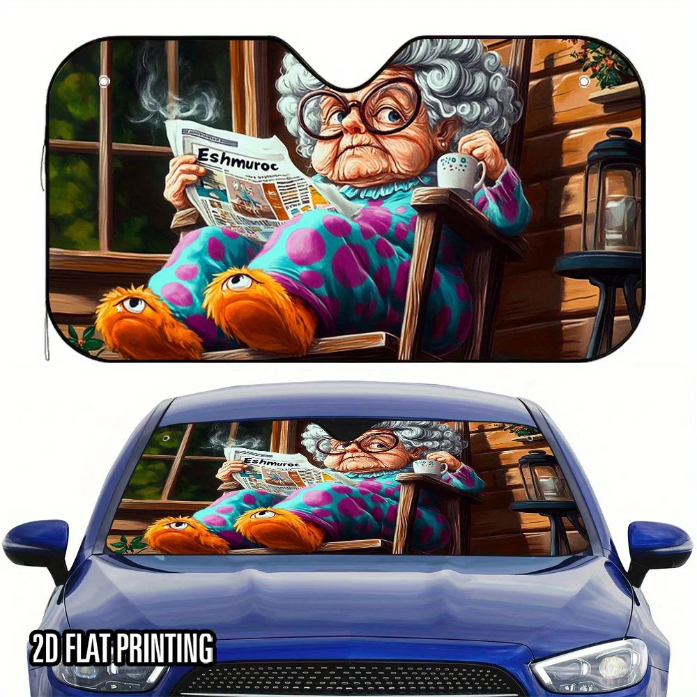 1pc Grandma Rocking Chair Reading Newspaper Car Sunshade with 2 Orange Cats - Stylish Heat-Resistant UV Protection