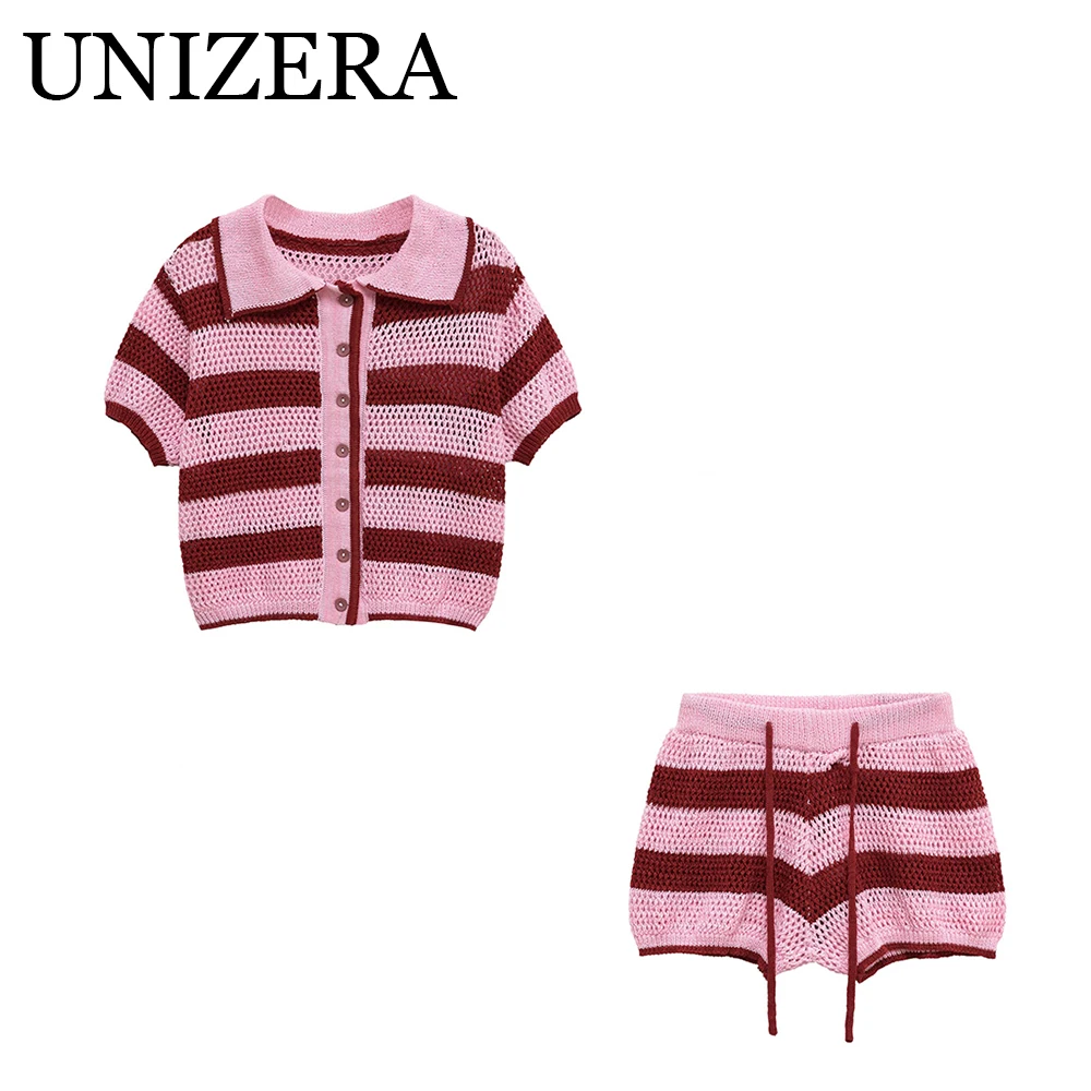 

European and American style women's clothing new fashion short sleeved striped POLO shirt knitted shorts