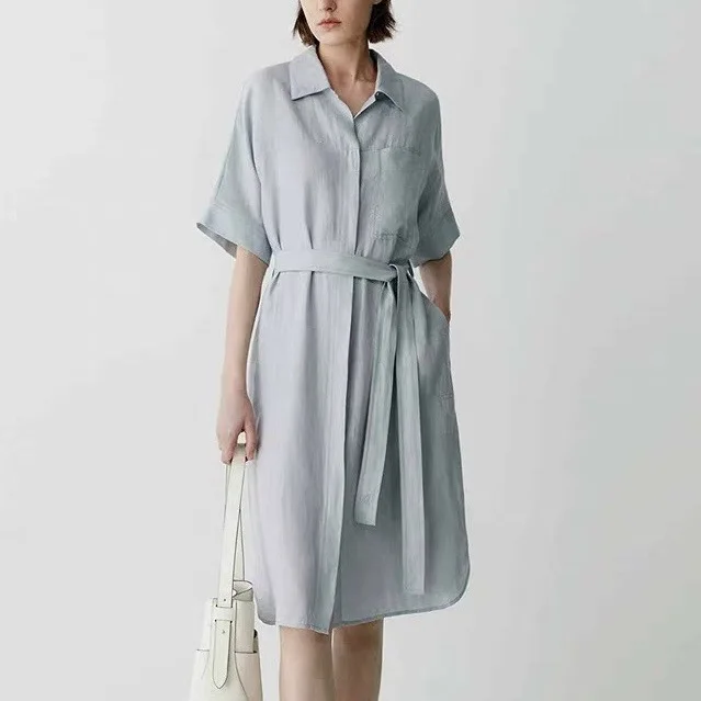 Women Single-breasted Shirt Dress Turn-down Collar Ladies Short Sleeve Simple Knee-length Robe with Sashes One Pocket Dresses