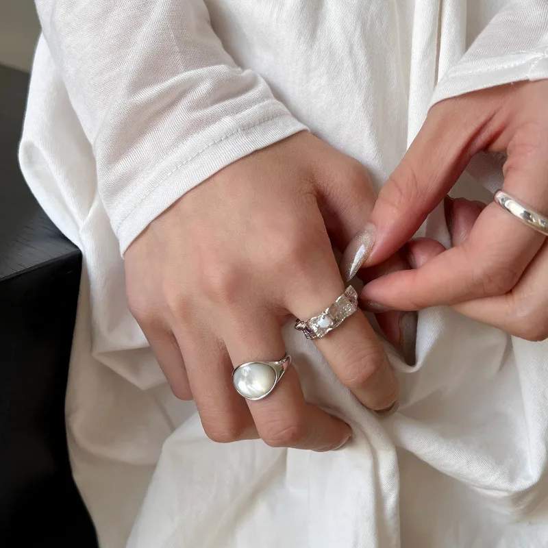 New Silver Inlaid Shell Stone Irregular Opening Ring High End Charm Jewelry Accessories Suitable For Women's Parties Gifts