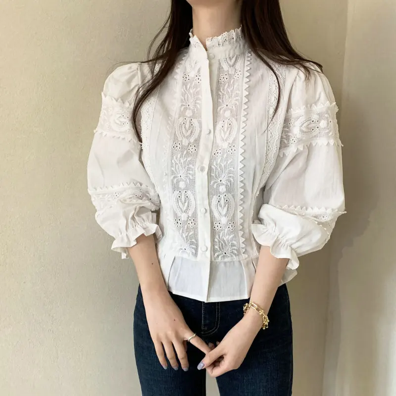 E Lely المطرزة irt Sli الخصر Cinching انتفض Sves الوقوف طوق القطن فام الربيع الصيف جديد Sle Sol... #2