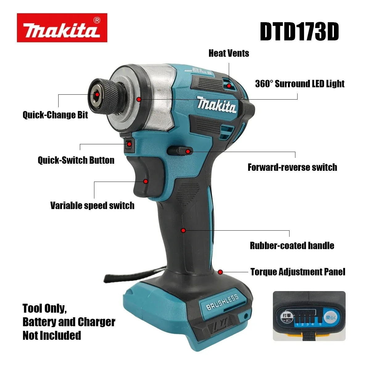 

Аккумуляторный ударный гайковерт Makita DTD173 18В, крутящий момент 180 Нм, 3800 об/мин, шестигранный патрон 1/4 дюйма, 3 скорости, профессиональный