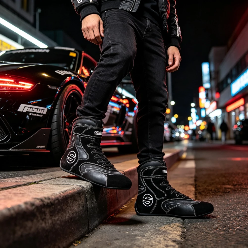 Botas Deportivas SPARCO Negras Unisex de Cuero Genuino Resistentes al Desgaste para Carreras, Karting y Motociclismo