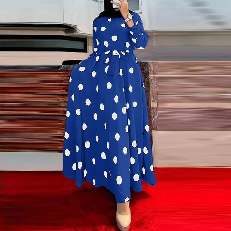 Muslim printed polka-dot long-sleeved loose swing dress woman