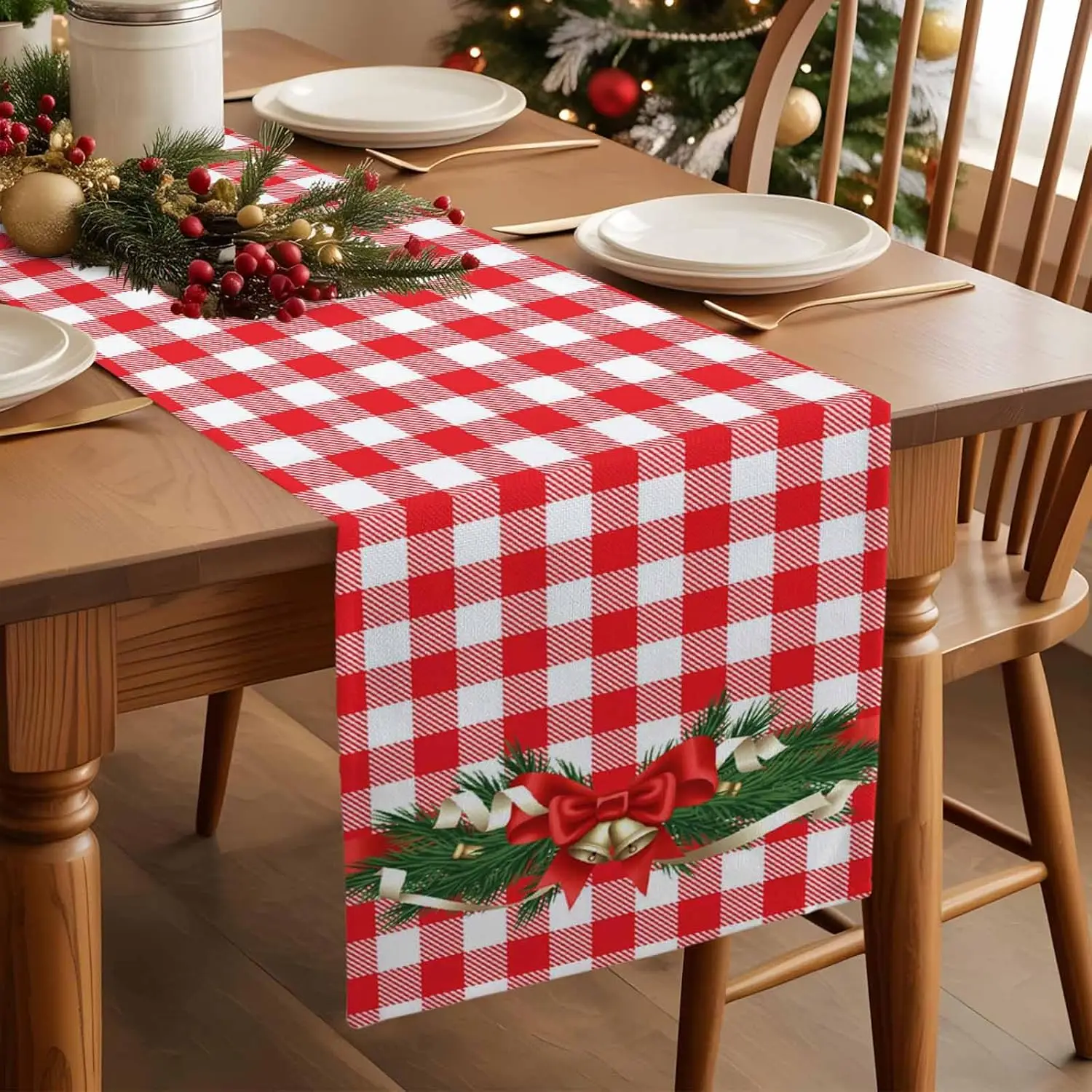 Christmas Pine Needles Bells Buffalo Plaid Table Runner Party Decor Reusable Winter Kitchen Table Runner Christmas Decorations