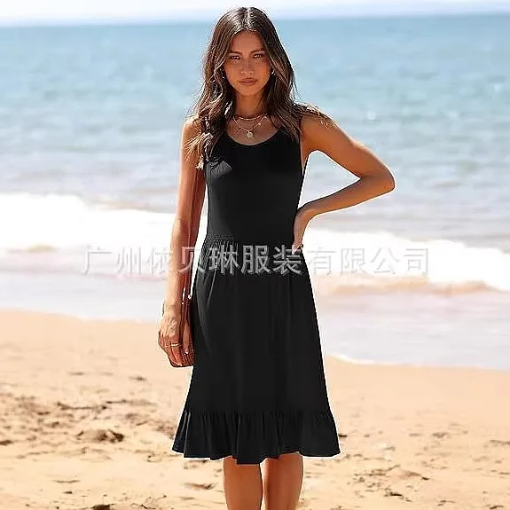 Women's Summer Tank Dress Casual Ruffle Hem Knee Length Dresses Jumpsuit Playsuit