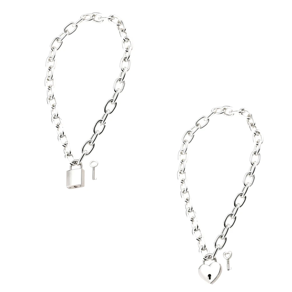 

2pcs Alloy Chain Necklace 50cm Length 1 5cm Width Heart Square Lock Hip Hop Jewelry Simple Stylish Metal Pendant