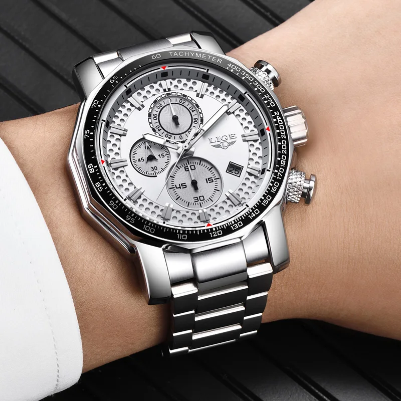 LIGE Big Dial Mens Watches Business Quartz WristWatch Chronograph Luminous Auto Date Watch for Men Man Relogio Masculino+Box