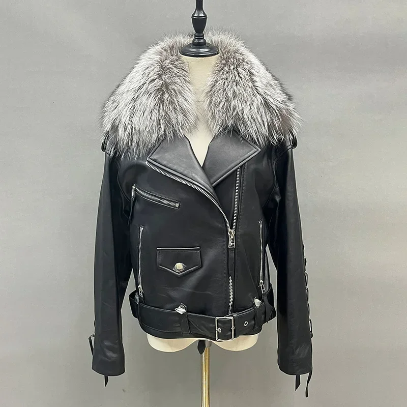 Lady Fashion Motorcycle Leather Jacket Detachable Silver Fox Fur Collar Genuine Sheep Leather Coat Women Y2K