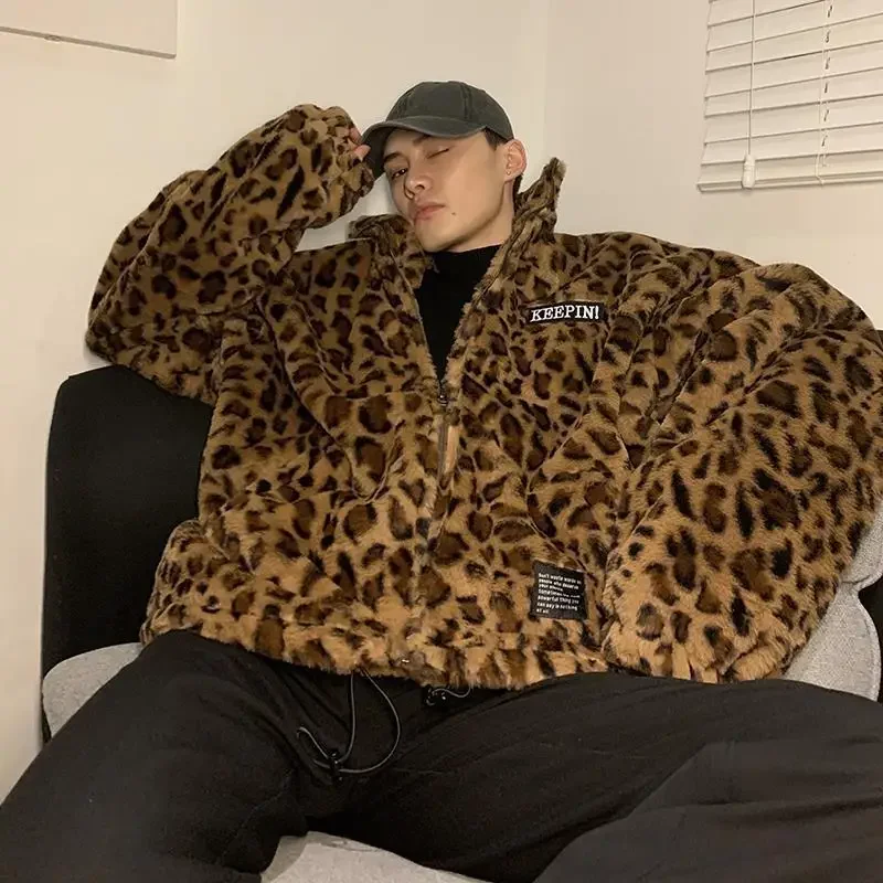 Kurtka polarowa w panterkę dla kobiet i mężczyzn, modna jesienno-zimowa kurtka z kapturem na zamek błyskawiczny, luźna, bawełniana, wiatroodporna.