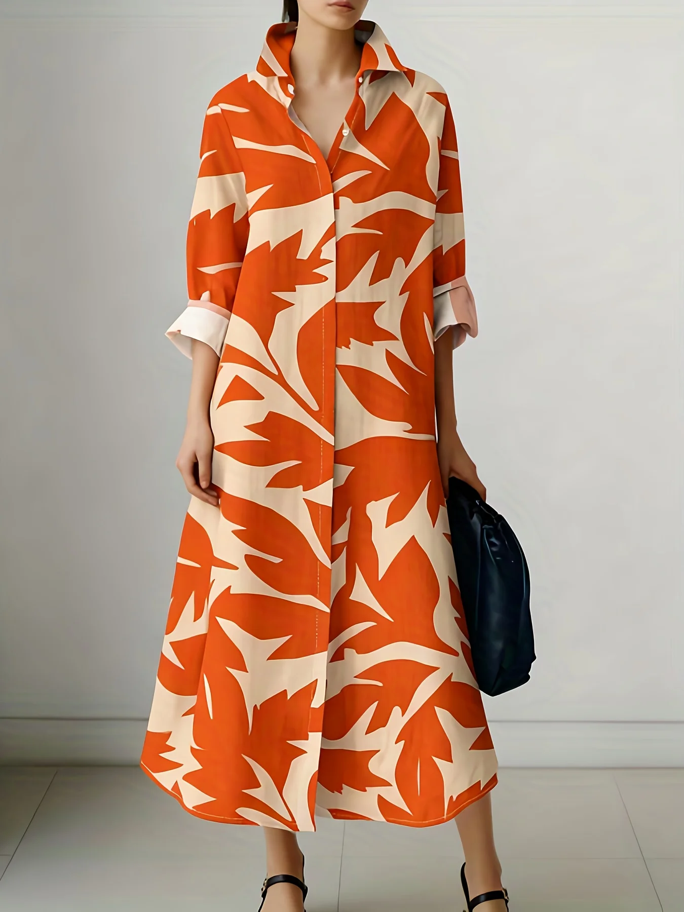 Orange-weißes Hemdkleid mit Blätterdruck, langärmlig, im Urlaubsstil, sommerlich, lässig, Damenmode, trendig 2024