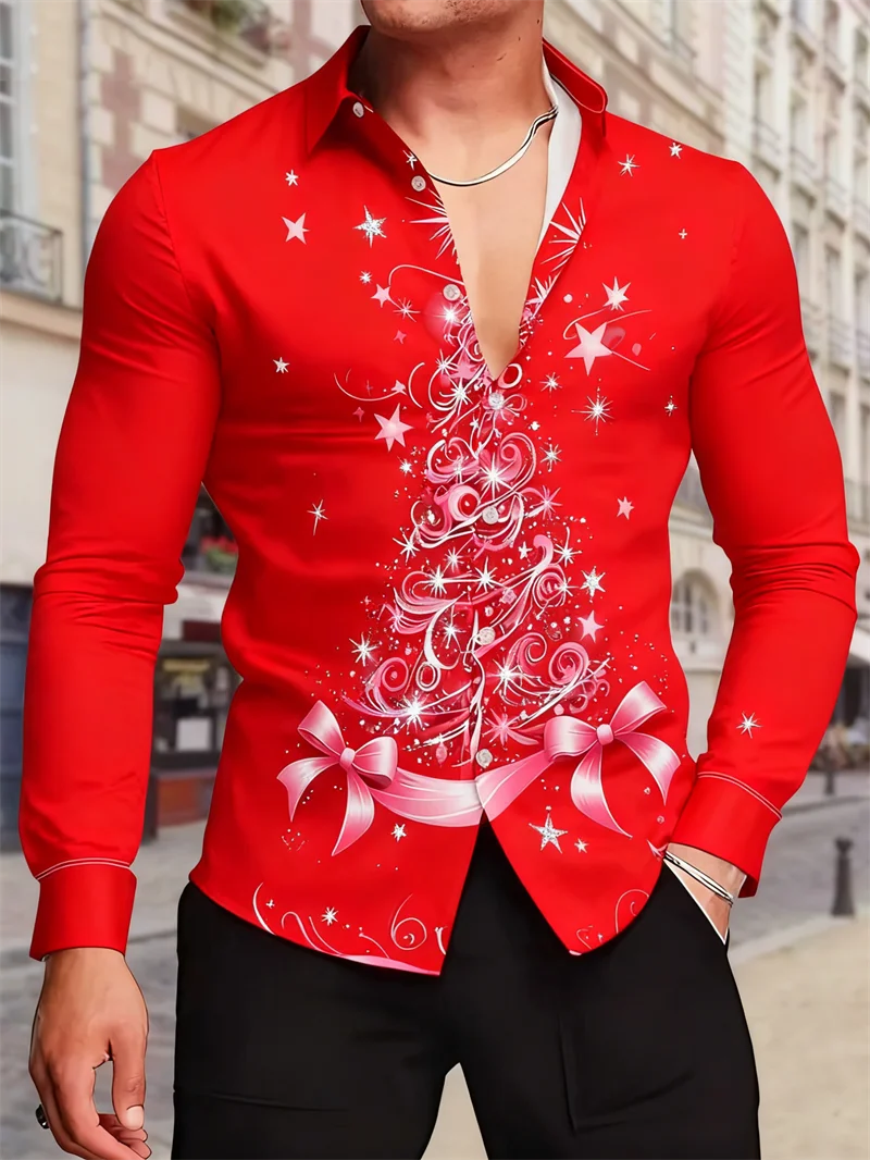 Christmas elements men's snowflake tie 3D Christmas tree print shirt button long sleeved holiday collar shirt holiday
