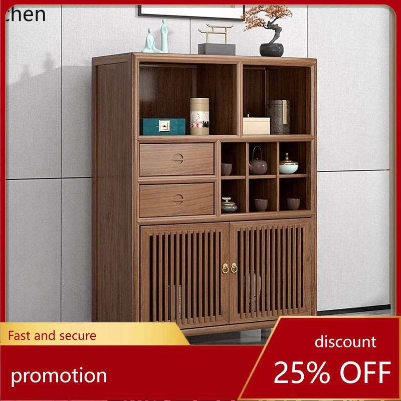 

HT solid wood dining side vertical cabinet, black walnut color wall cabinet, simple bucket cabinet, zen tea cabinet