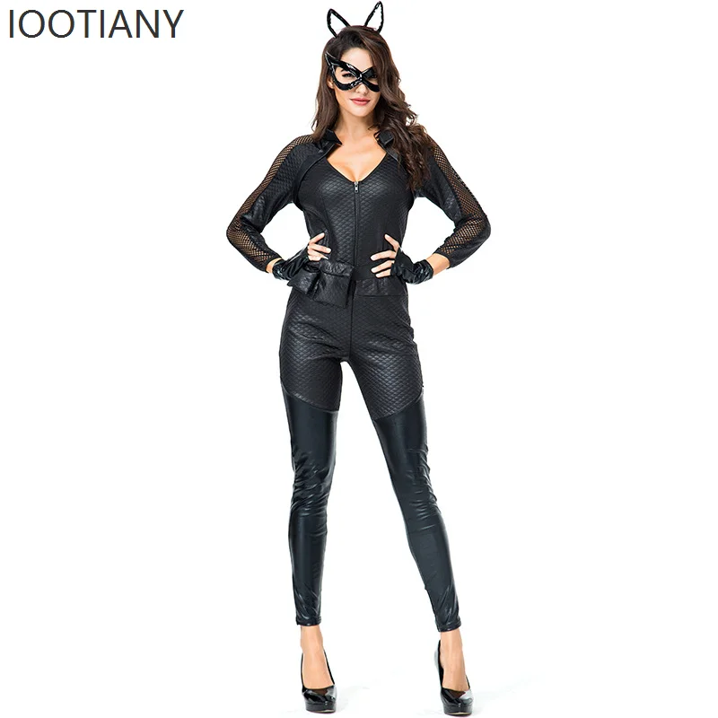 

Women Fashion Sexy Black Cat Cosplay Costume Bodysuit Mask Ear Straps New Halloween Carnival Party Bodysuit Club Costume Suit