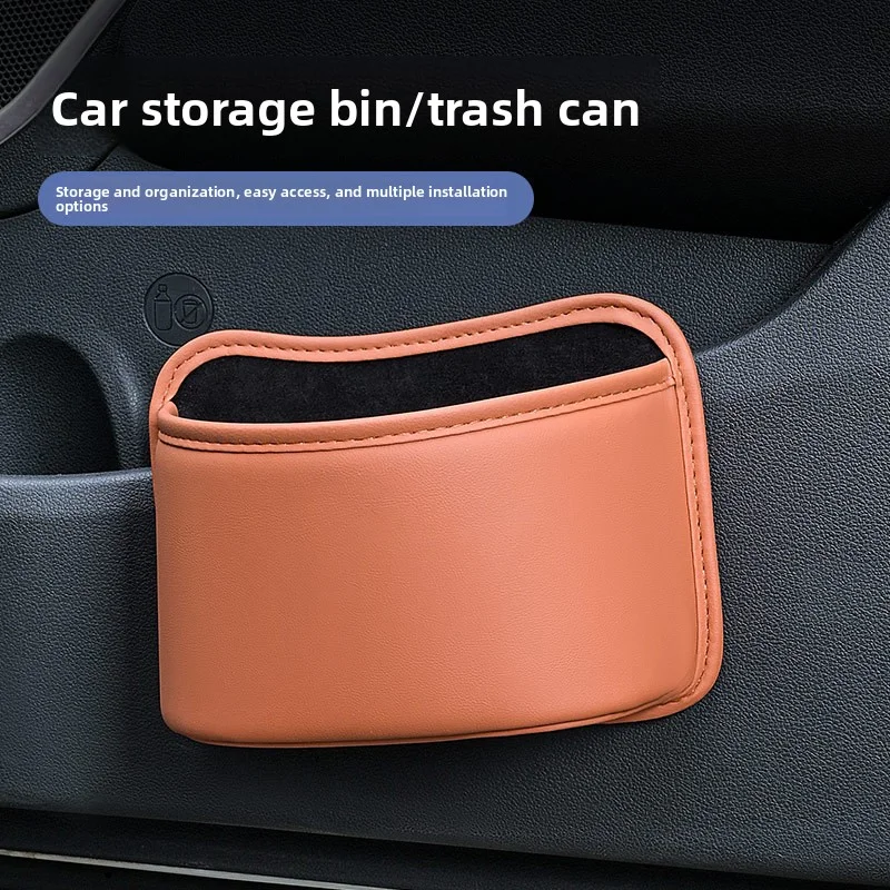 Multifunctional Car Storage Organizer PU Leather Car Trash Can Hanging Car Waste Bin Non‑destructive Installation