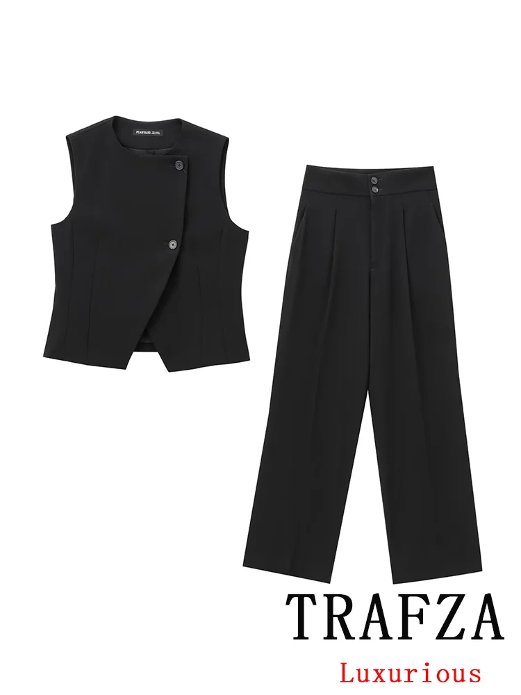 TRAFZA Vintage Casual Chic Black Women Suit Sleeveless Asymmetrical Top Loose Straight Wide Leg Pants Fashion 2024 Autumn Suits