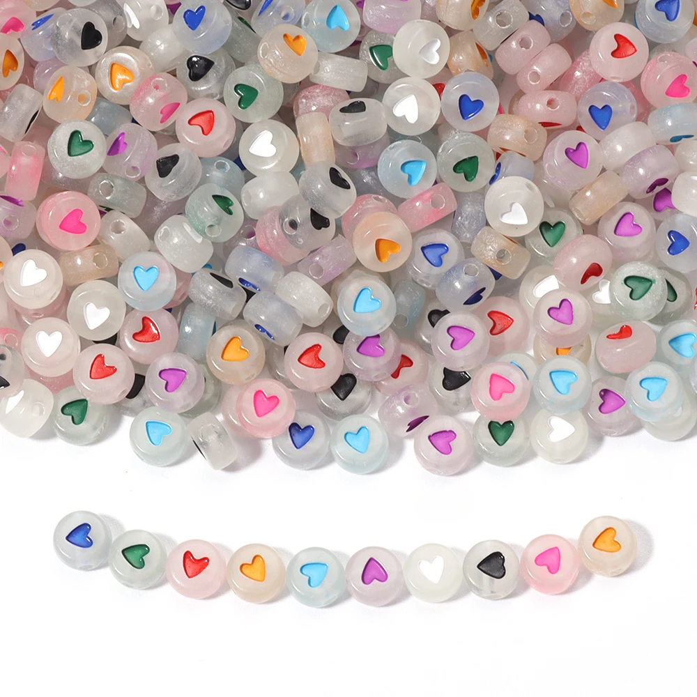 100pcs Acrylic Luminous Beads Color Love Heart Round Loose Spacer Bead for Jewelry Making DIY Friendship Necklace Bracelets