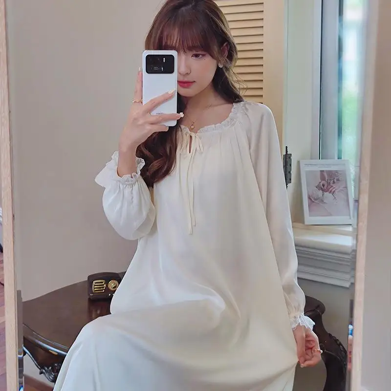 

Long Women Nightgown Kimono Dressing Gown Spring Summer Beige Lingerie Lace Patchwork Sleepdress Sexy Rayon Nightwear Loungewear