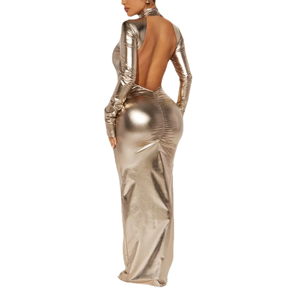 High Neck Party Metallic Shiny Dress Elegant Long Sleeve Bodycon Slim Lady  Dress | eBay