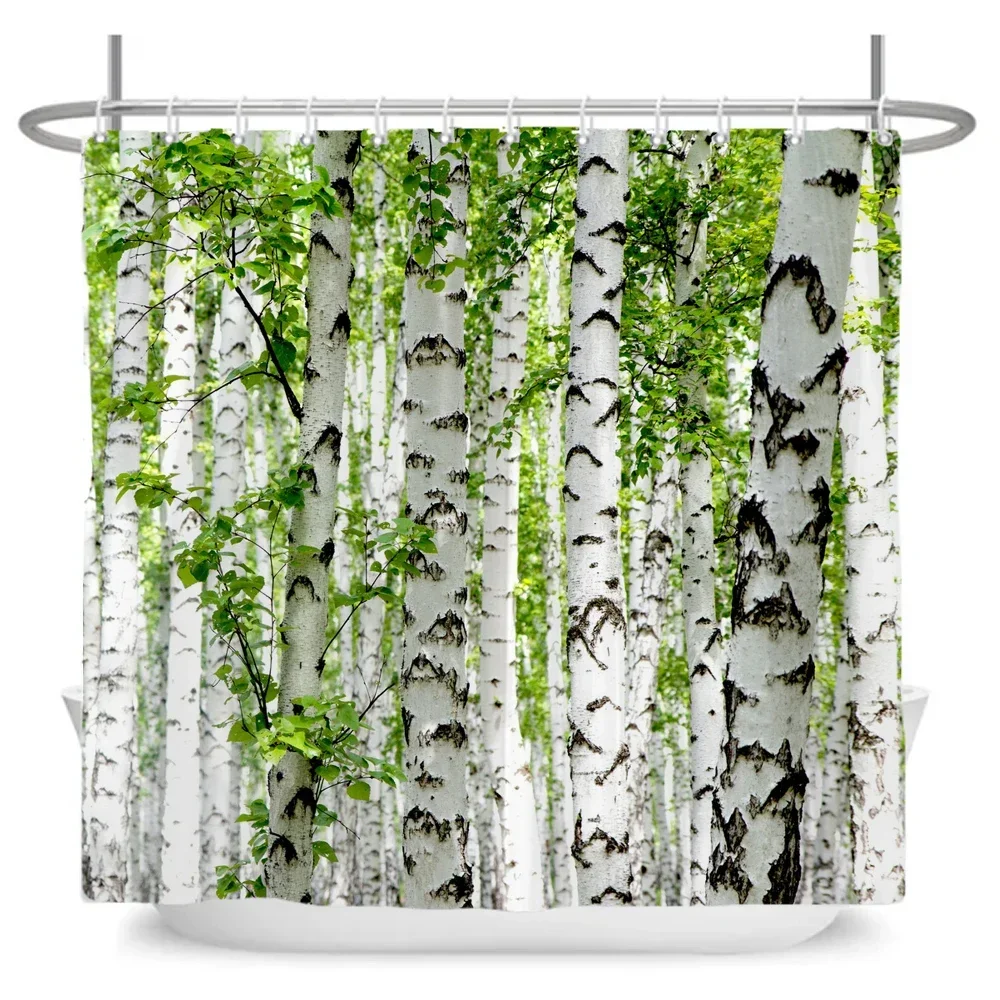 High Quality Birch Forest Fabric Shower Curtain Waterproof Natural Landscape Printed Bath Curtains for Bathroom Decor with Hooks