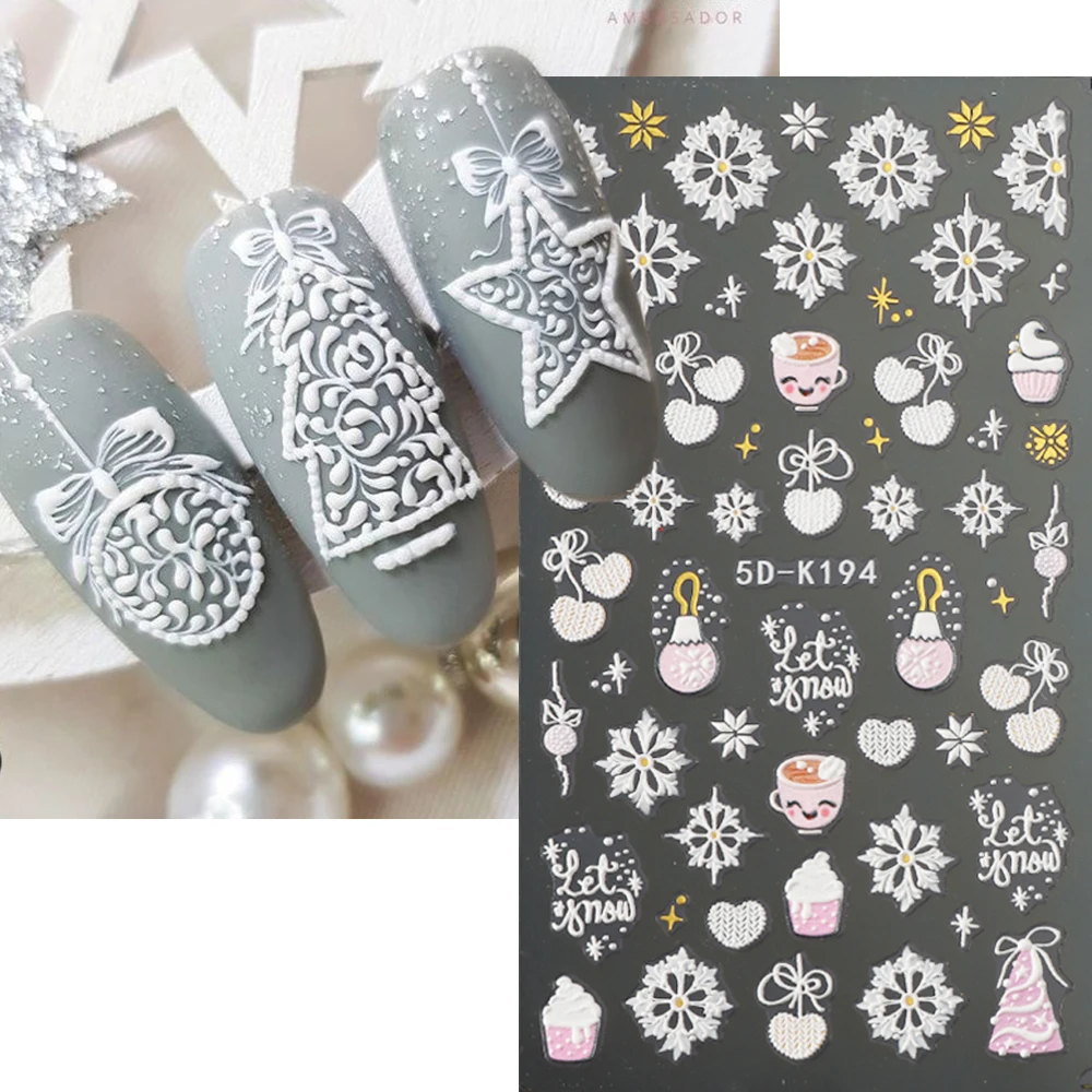 5D Embossed Nail Stickers White Snowflakes Winter Decor Hot Chocolate Drinks Sliders Cute Penguins Knit Sweater Decals NT5D-K