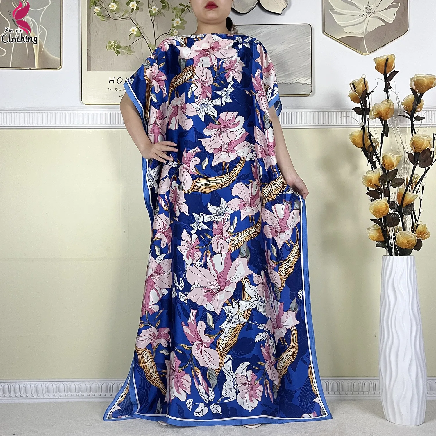 New Style Summer Soft Silk African Women Clothing Dubai Muslim Dashiki Kaftan Fashion Print Design With Scarf Loose Beach Dress