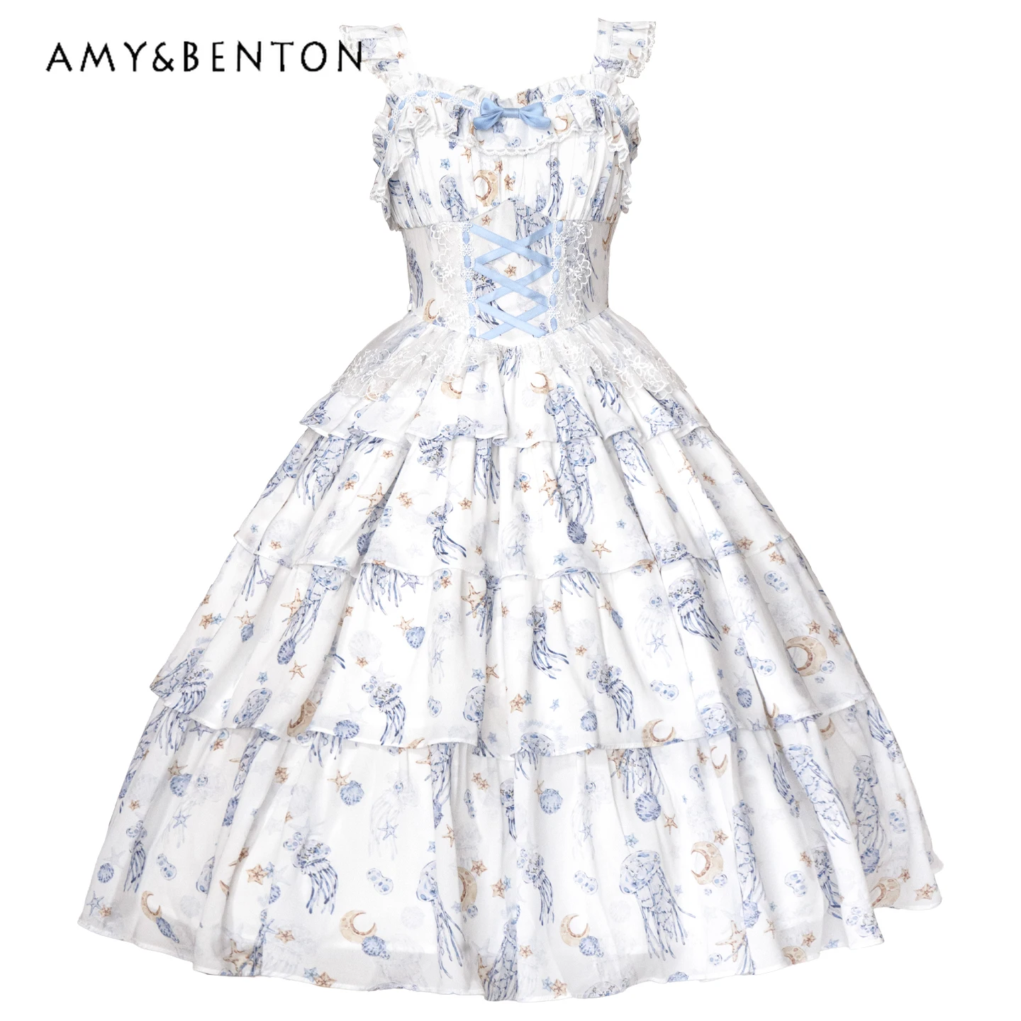 Vestido elegante estilo hada Lolita Puff estilo Pastoral Vintage princesa JSK vestido dulce lindo arco ajustado vestido de longitud media para mujer